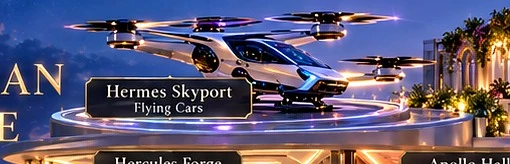 Flying electric car on a rooftop skyport