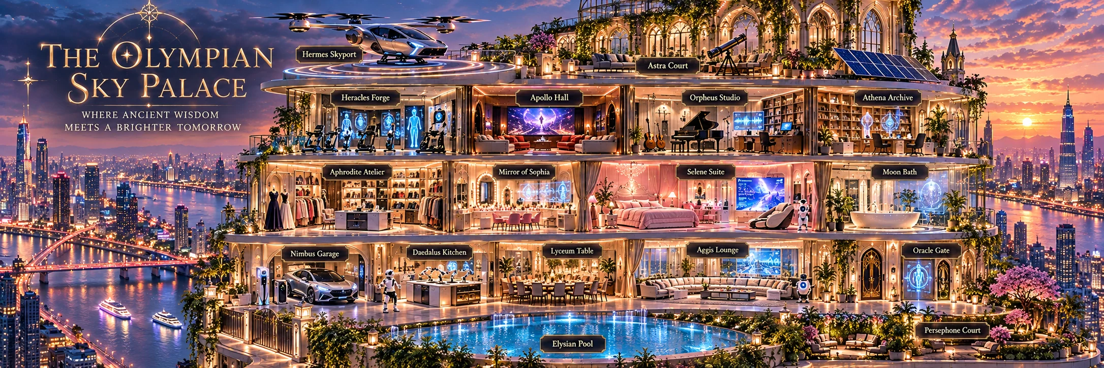 The Olympian Sky Palace perched above a luminous river city